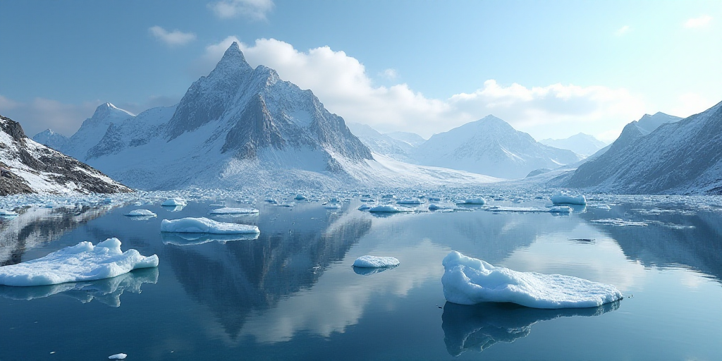 a mountain range is reflected in the water of a lake with ice floes and ice chunks floating on the w