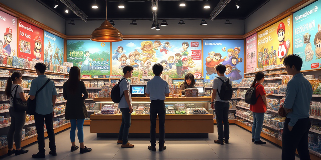 a nintendo store with a bunch of advertisements on the wall and people standing around the store are