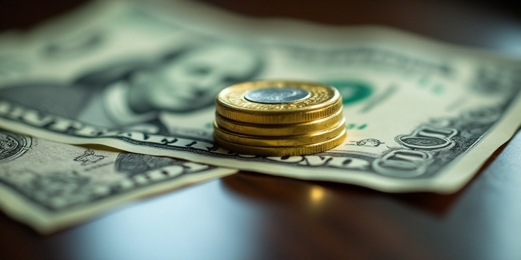 a one dollar bill with a gold and silver coin on top of it, with a reflection on the table, Aquirax