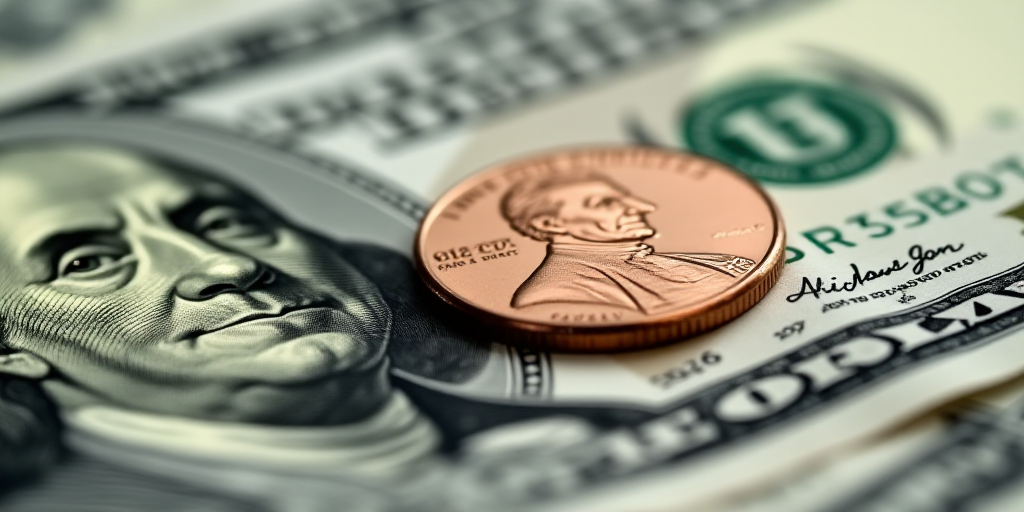 a one dollar bill with a penny on top of it, with the image of george washington on it, Benjamin Fra
