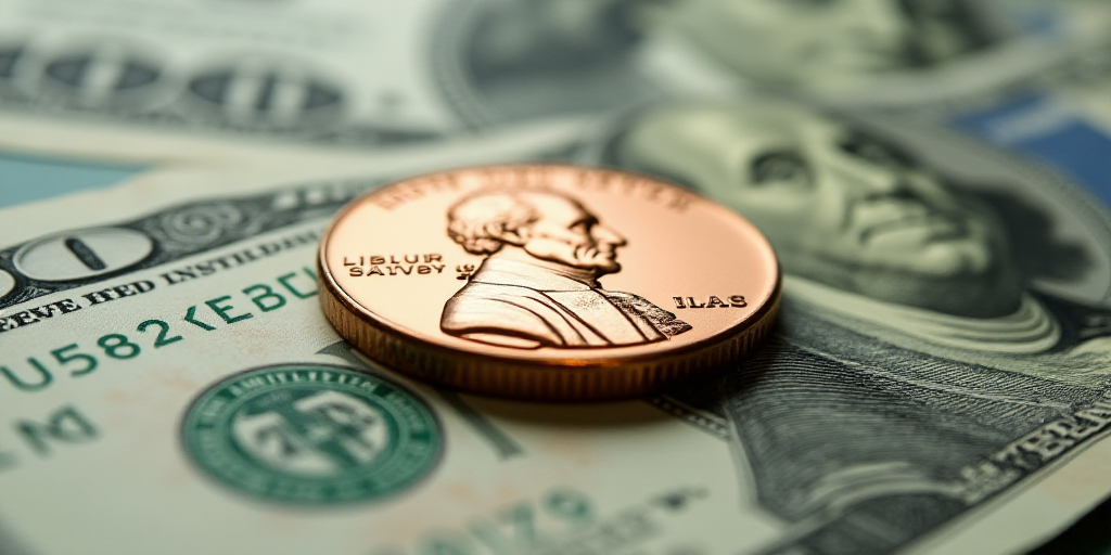 a one dollar bill with a penny on top of it, with the image of george washington on it, Benjamin Fra