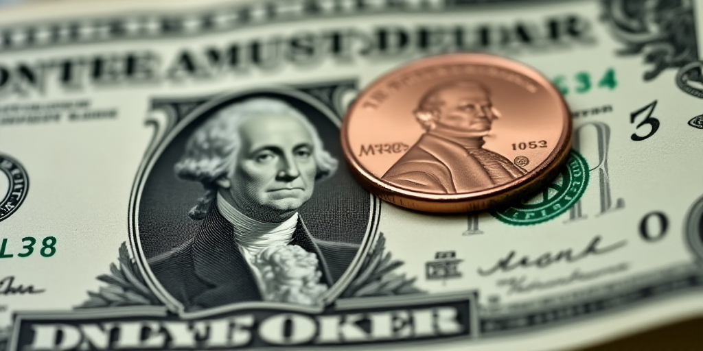 a one dollar bill with a penny on top of it, with a picture of george washington on it, Charles Frem