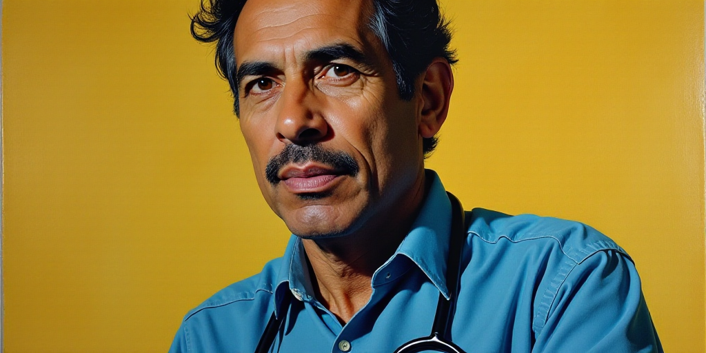 a painting of a man with a stethoscope on his neck and a blue shirt on his shirt, David Alfaro Sique