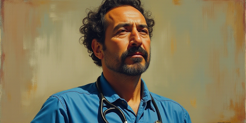 a painting of a man with a stethoscope on his neck and a blue shirt on his shirt, David Alfaro Sique