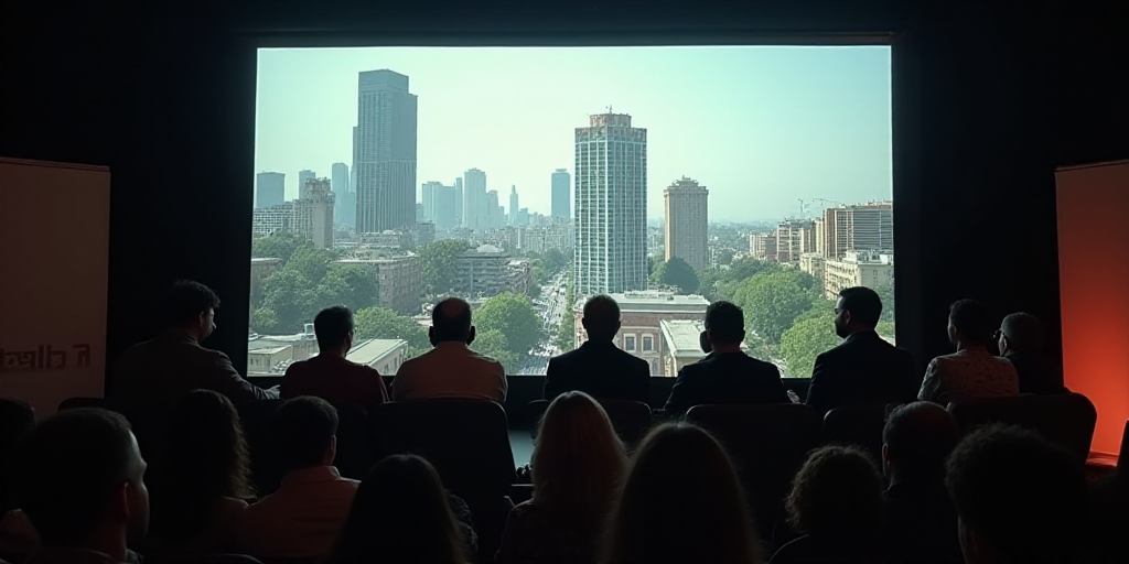 a panel of people sitting on stage in front of a screen with a cityscape in the background, Alejandr