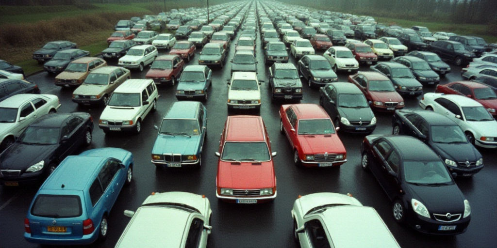 a parking lot filled with lots of parked cars next to each other on top of a parking lot next to a p
