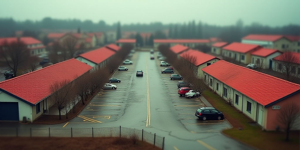 a parking lot with many red roofs and a fenced in area with a fenced in area with several red roofed