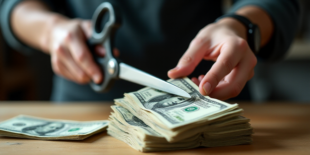 a person cutting a bundle of money with scissors and a pair of hands holding scissors and a stack of