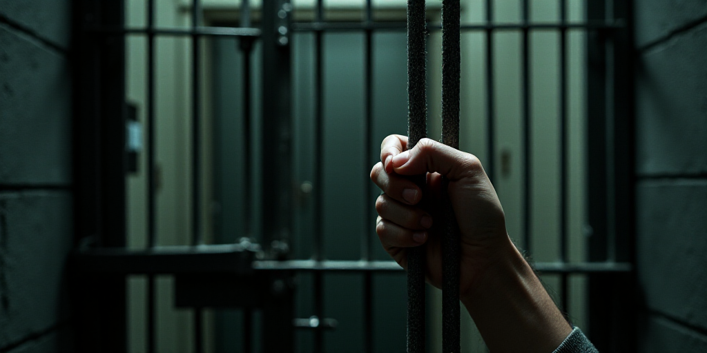 a person holding a bar of metal in front of a jail cell door with bars on it and a hand holding a ba