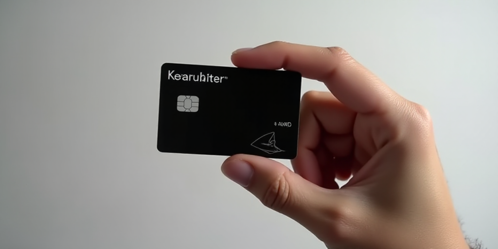 a person holding a black kapital bank card in their hand with a white background and a black backgro