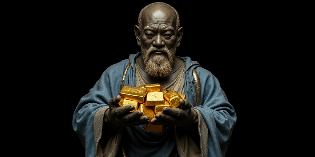 a person holding a bunch of gold bars in their hands and a blue cloth around them, with a black back