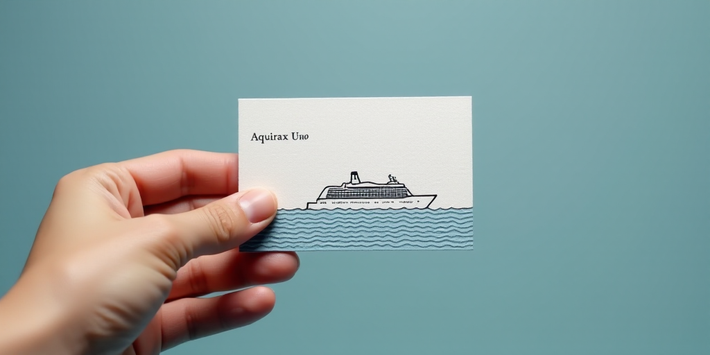 a person holding a business card in their hand with a boat on it's back and a cruise ship on the bac