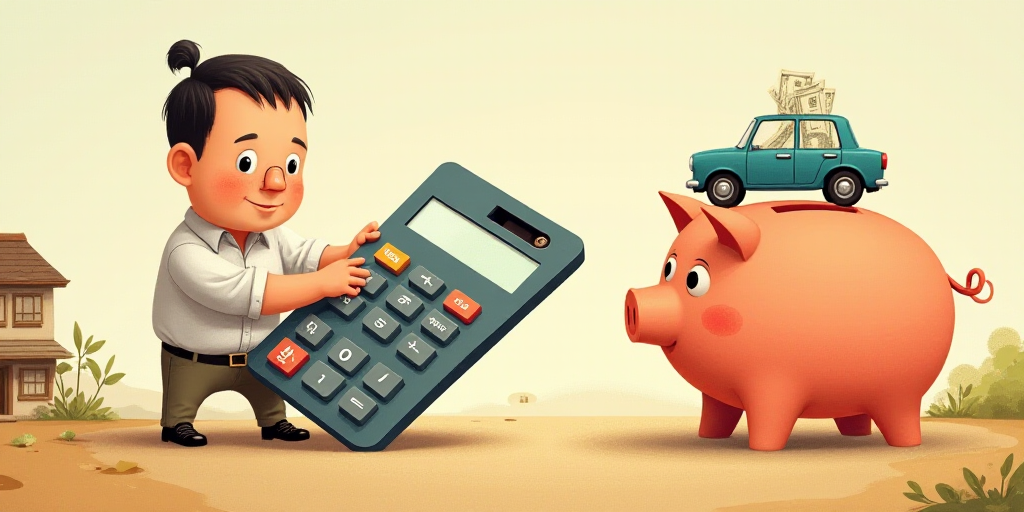 a person holding a calculator and a piggy bank with money and a car on it and a house, Cui Bai, deta