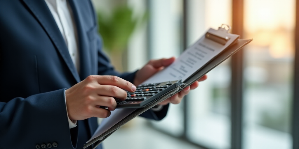 a person holding a calculator and a clipboard with a picture of a man and woman in the background, B