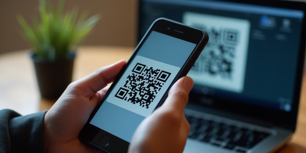 a person holding a cell phone in their hand and a qr code on the screen in front of a laptop, Dai Xi