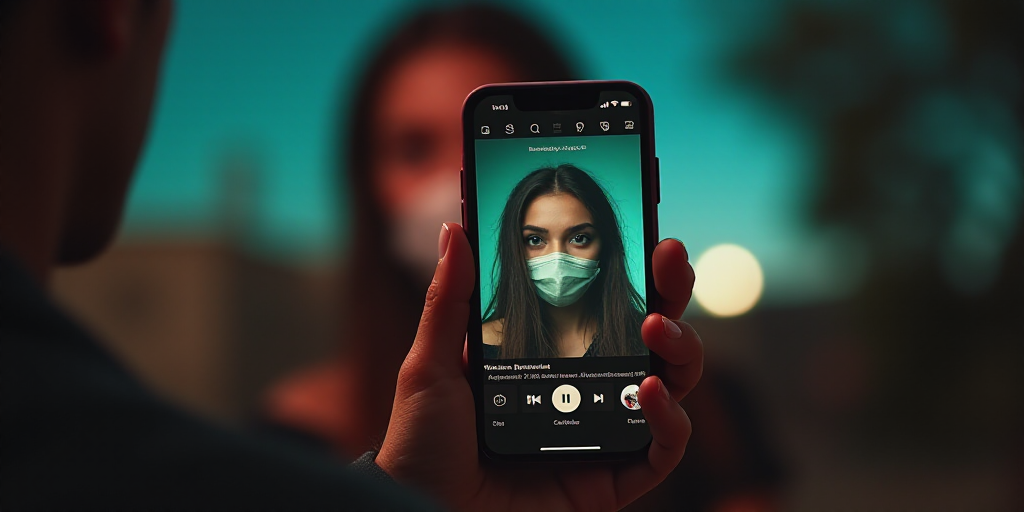 a person holding a cell phone with a picture of a woman on it and a video of a woman with a mask on,