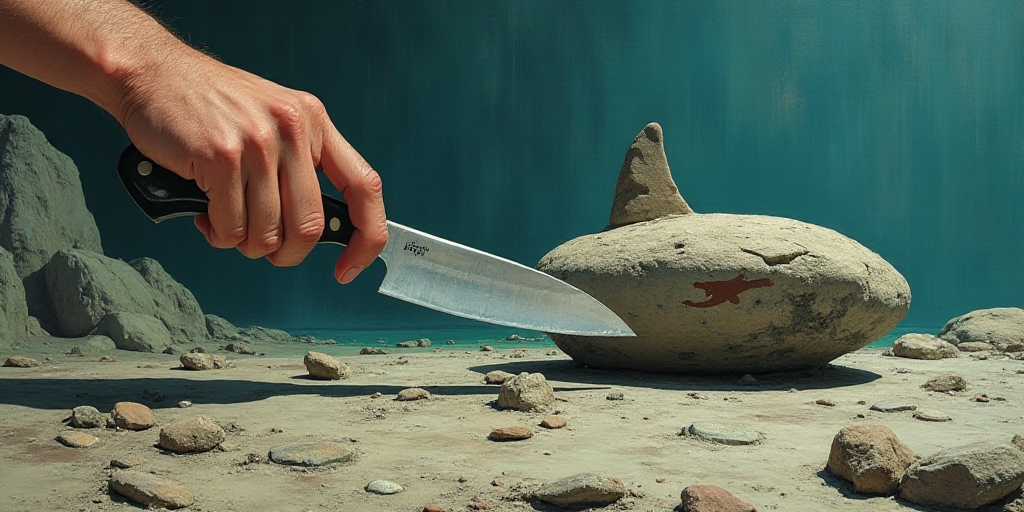 a person holding a knife over a rock with a sticker on it's side and a rock with a shark fin stickin
