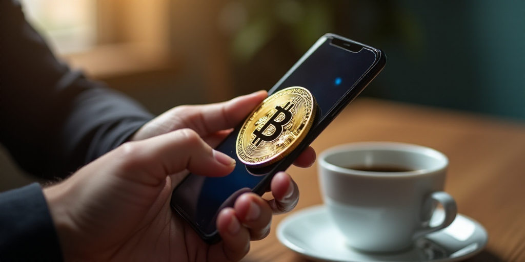 a person holding a phone with a bitcoin on it in their hand, on a table with a cup of coffee, Andrie