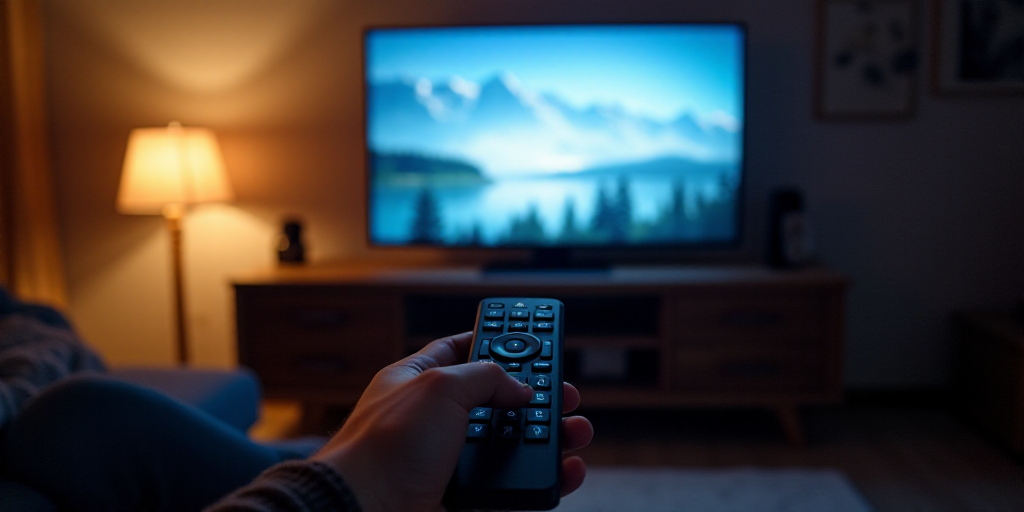 a person holding a remote control in front of a television screen with a television on it's side, Av