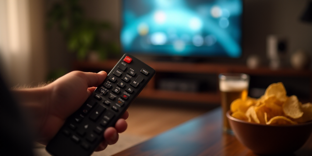 a person holding a remote control in front of a television with a bowl of chips and beer on the tabl