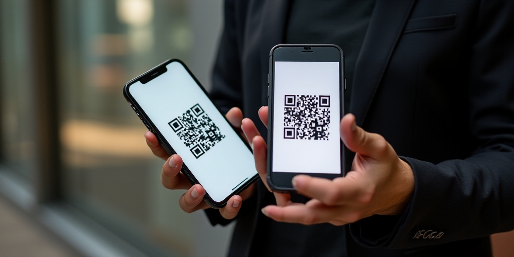 a person holding a smart phone and a smart phone in their hands with a qr code on the screen, Dahlov