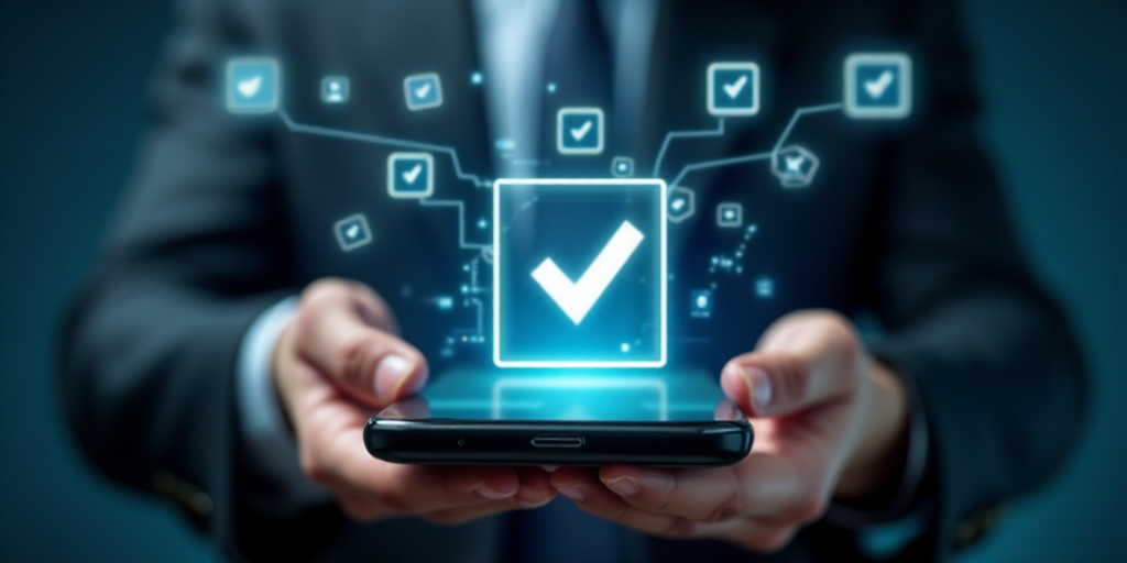 a person holding a smart phone with icons coming out of it and a check mark on the screen in the mid