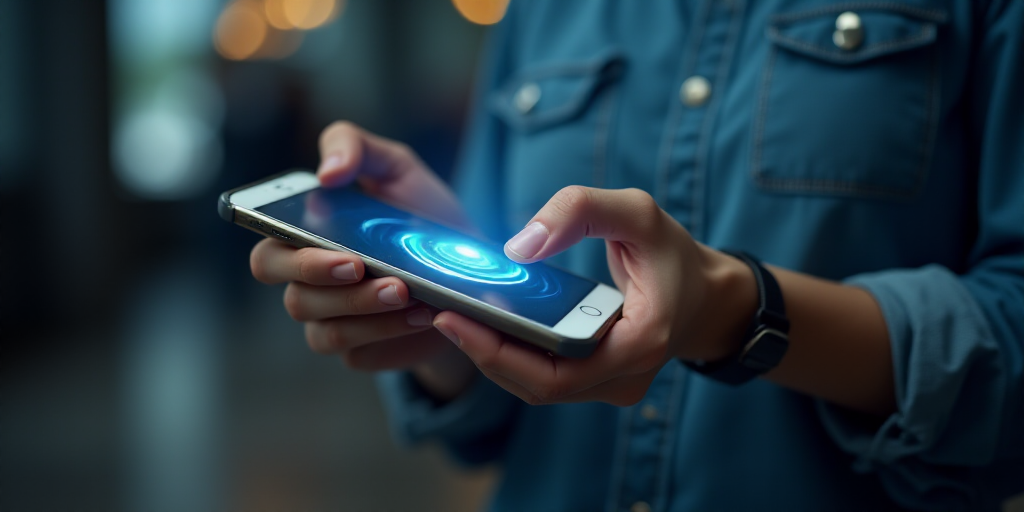 a person holding a smart phone with a graphic on it's screen and a hand touching it with a finger, A