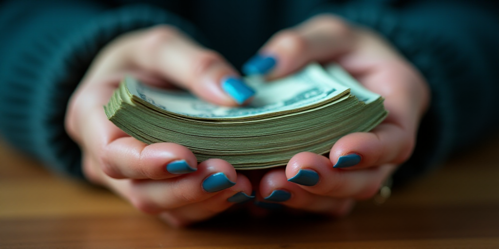 a person holding a stack of money in their hands with a blue nail polishing on their thumb and a blu