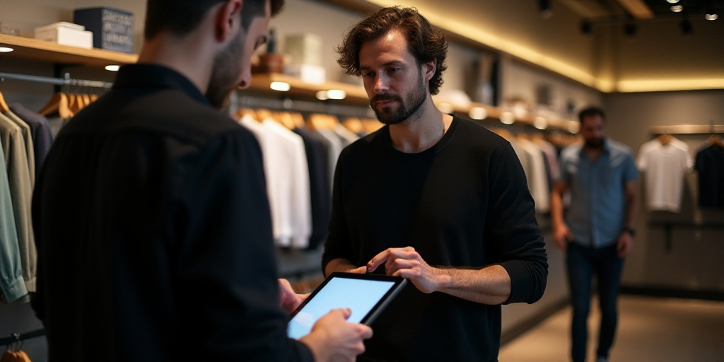 a person holding a tablet in a store with a display of clothing on the wall behind them and a man in
