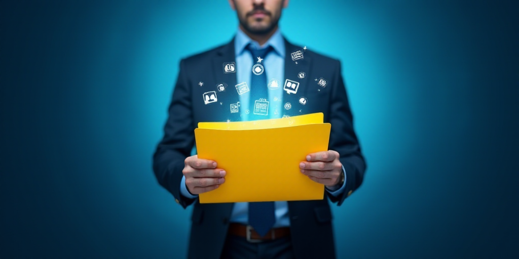 a person holding a yellow folder in their hands with icons coming out of it and a blue background wi