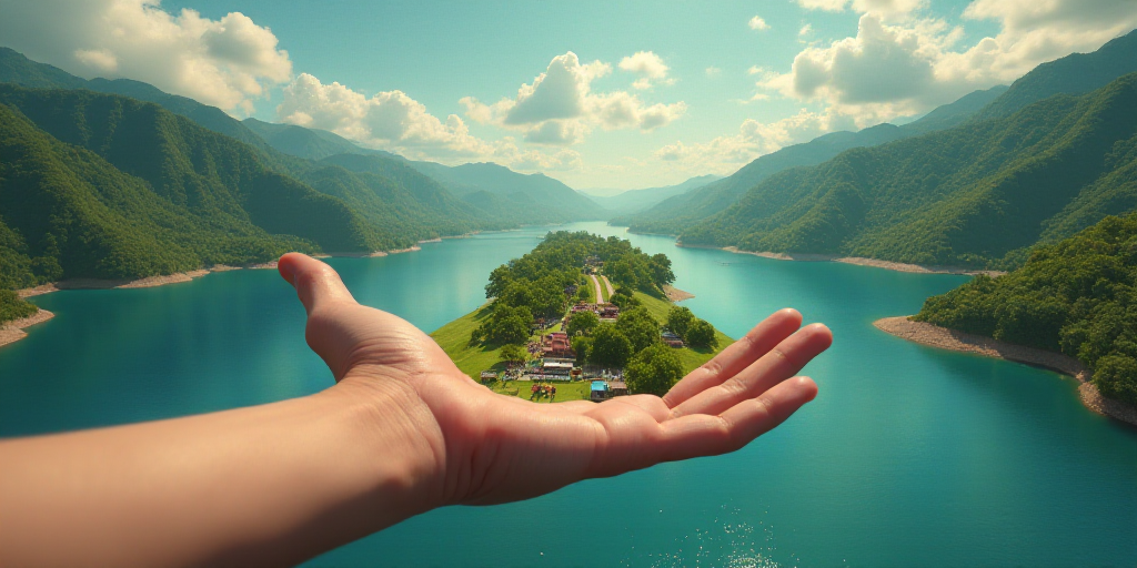 a person holding out their hands to a small island with people on it and a river in the background,