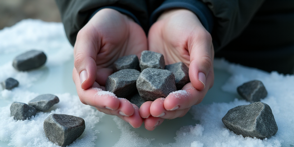 a person holding some rocks in their hands on a table with water and snow on it, and a few more rock