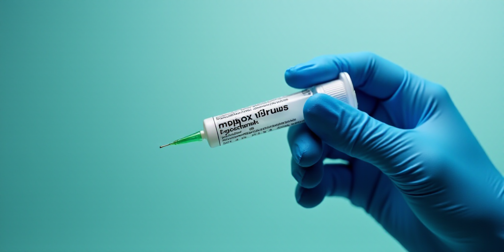 a person in a blue glove holding a tube of mppox viruus in their hand with a green tip, Aquirax Uno,
