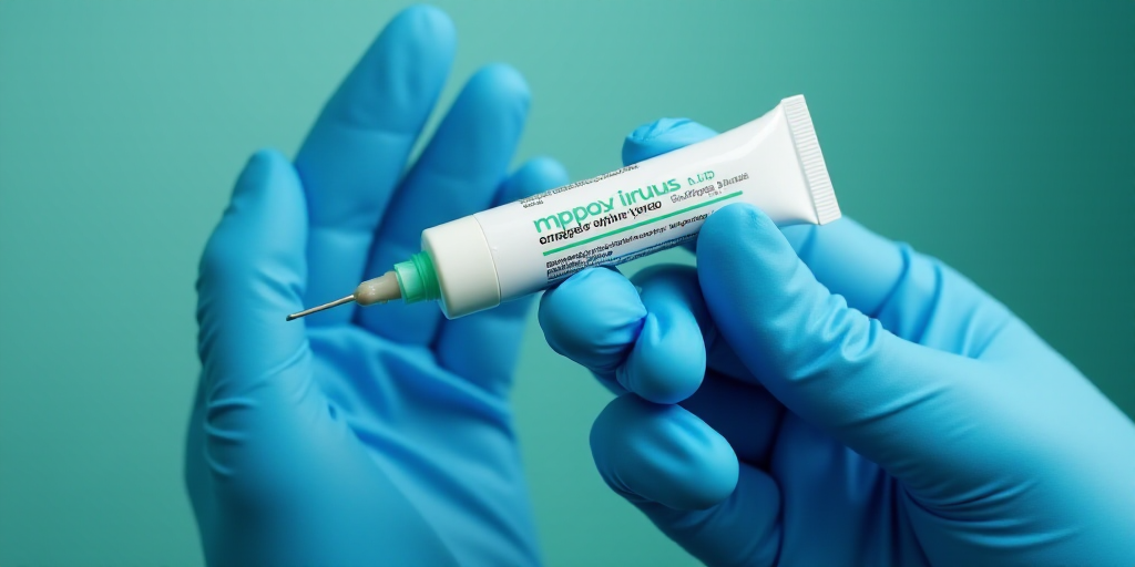 a person in a blue glove holding a tube of mppox viruus in their hand with a green tip, Aquirax Uno,