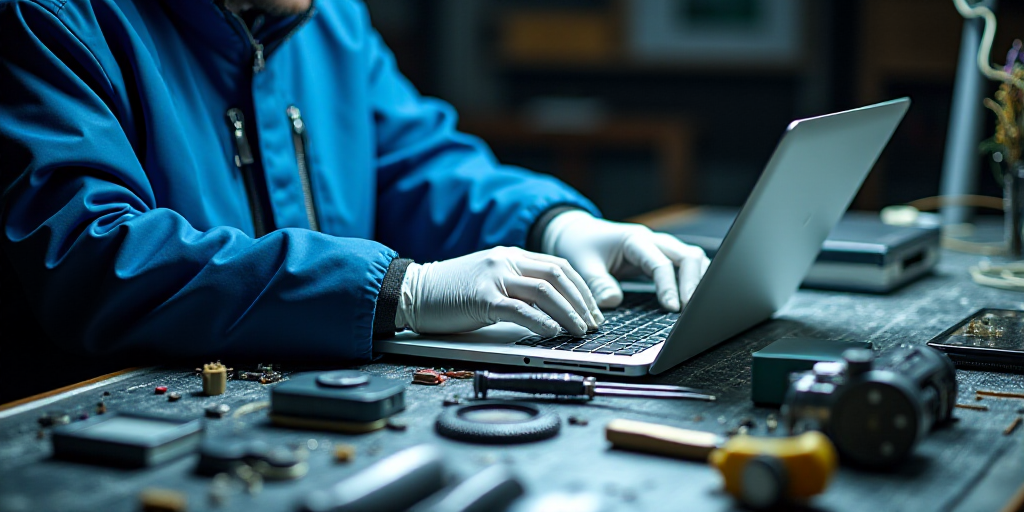 a person in a blue jacket and white gloves working on a laptop computer with a lot of tools on the t