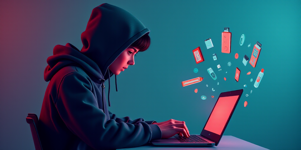 a person in a hooded sweatshirt using a laptop with icons above them that include a phone, a laptop,