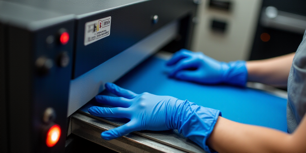 a person in blue gloves is operating a machine with a red light on it's side and a blue bag on the o