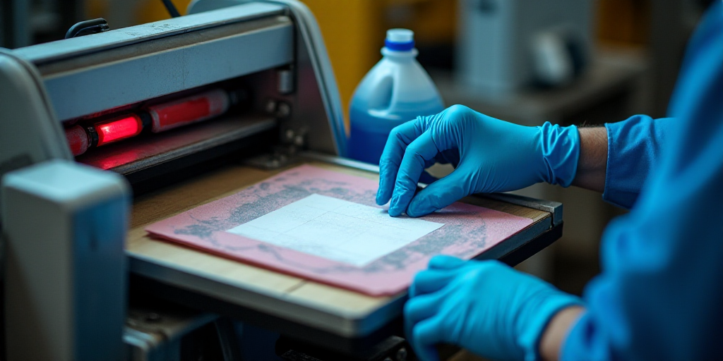 a person in blue gloves is operating a machine with a red light on it's side and a blue bag on the o