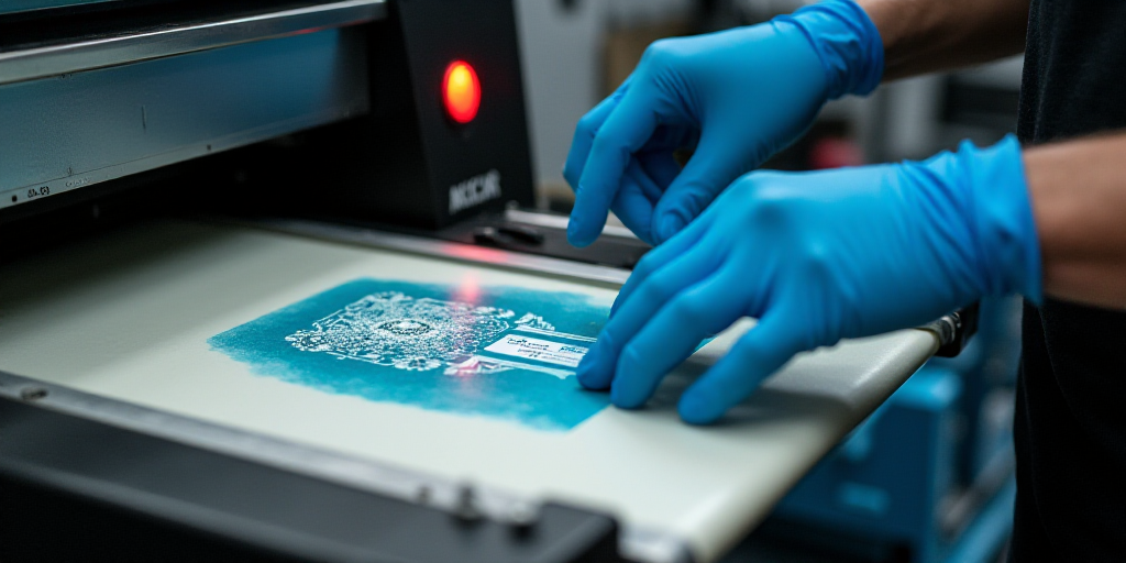a person in blue gloves is operating a machine with a red light on it's side and a blue bag on the o