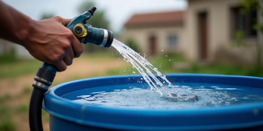 a person is holding a hose and spraying water into a blue barrel with a hose attached to it and a bu