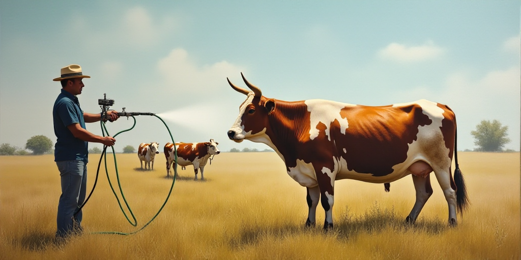 a person is spraying a cow with a hose on a rope in a field with other cows in the background, Afewe