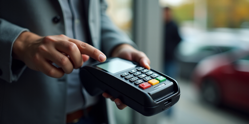 a person is using a credit card machine to pay for a ticket or a car purchase or a car, Andries Stoc