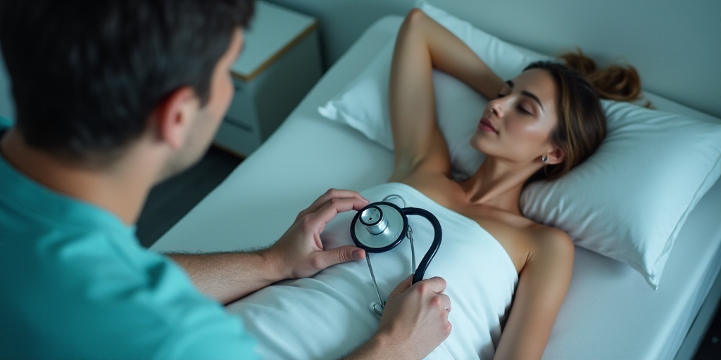 a person laying in bed with a stethoscope in their hand and a person laying on the bed, Aquirax Uno,