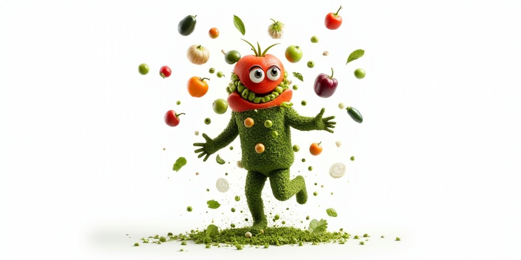 a person made of vegetables and fruits and vegetables falling into the air and falling to the ground