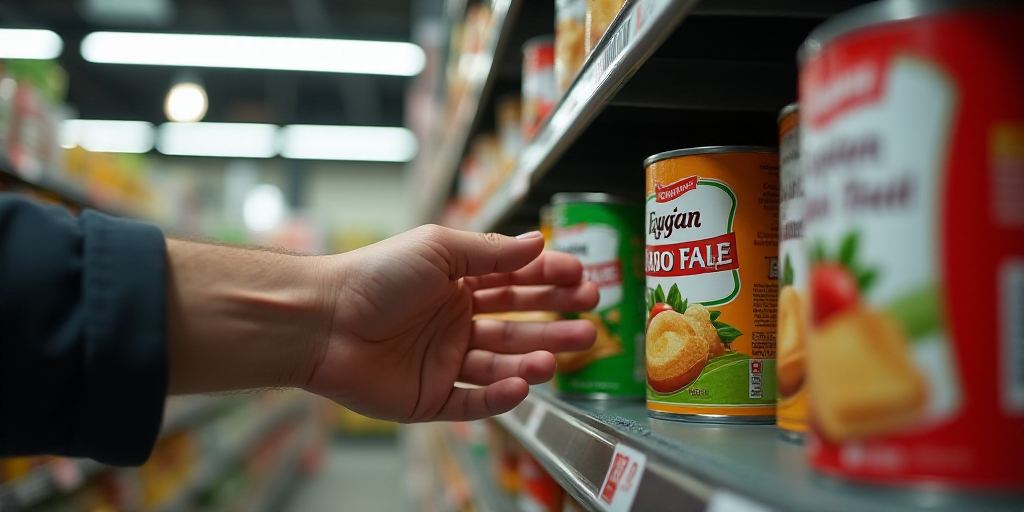 a person picking up canned food from a shelf in a store or store aisle with a hand reaching for a ca