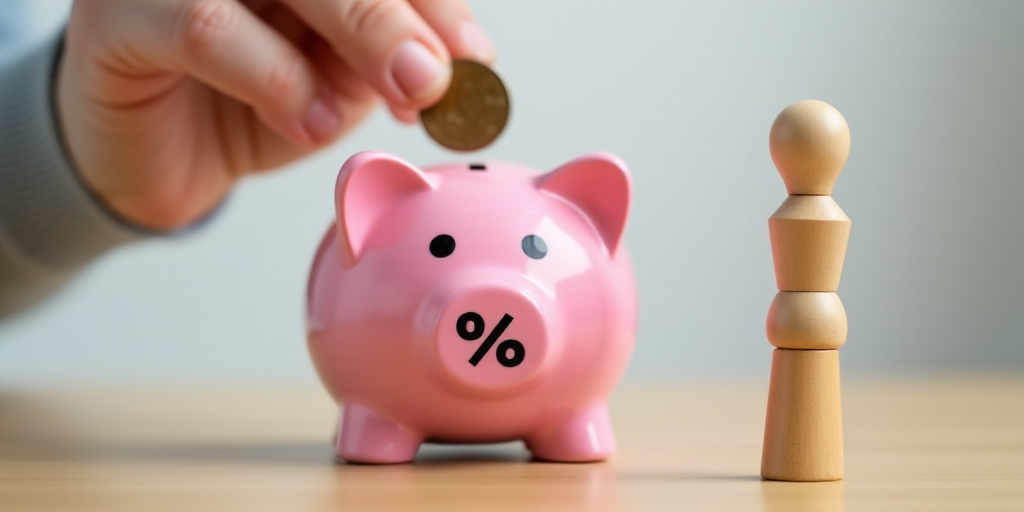 a person putting a coin into a pink piggy bank with a percentage sign on it and a wooden figure, An