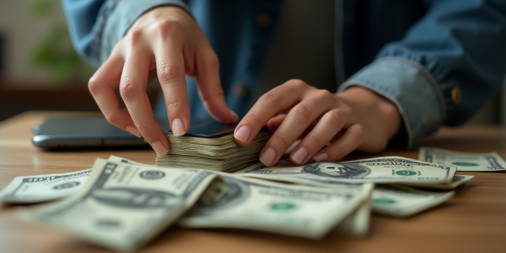 a person reaching for a stack of money on a table with a cell phone in front of them and a pile of m