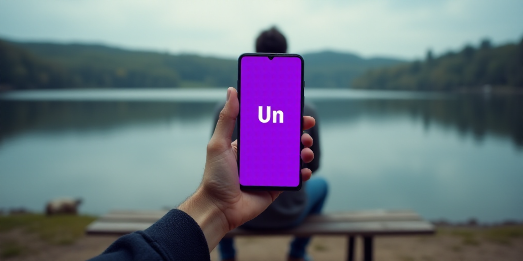 a person sitting on a bench holding a purple cell phone with the word un on it in front of a lake, A