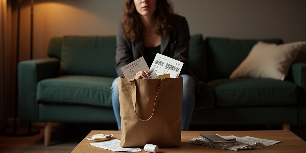 a person sitting on a couch with a bag of items in front of them and a bag of tickets, Bettina Heine