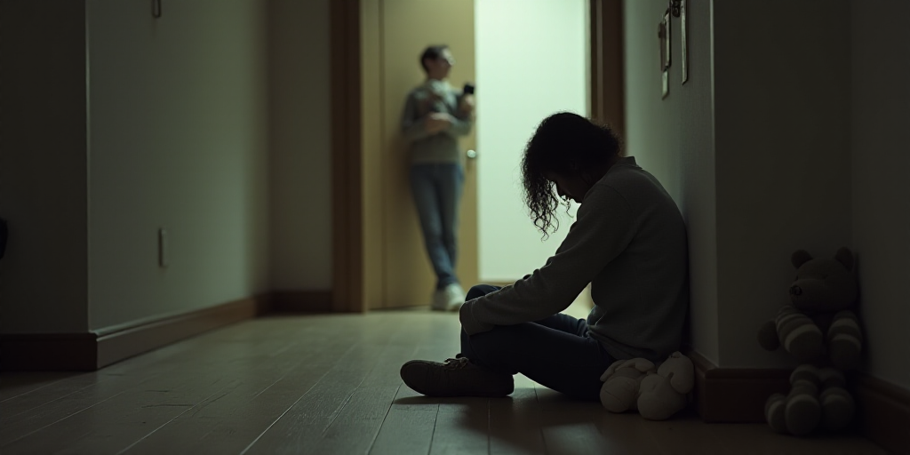 a person sitting on the floor with a stuffed animal next to them and a door behind them with a perso